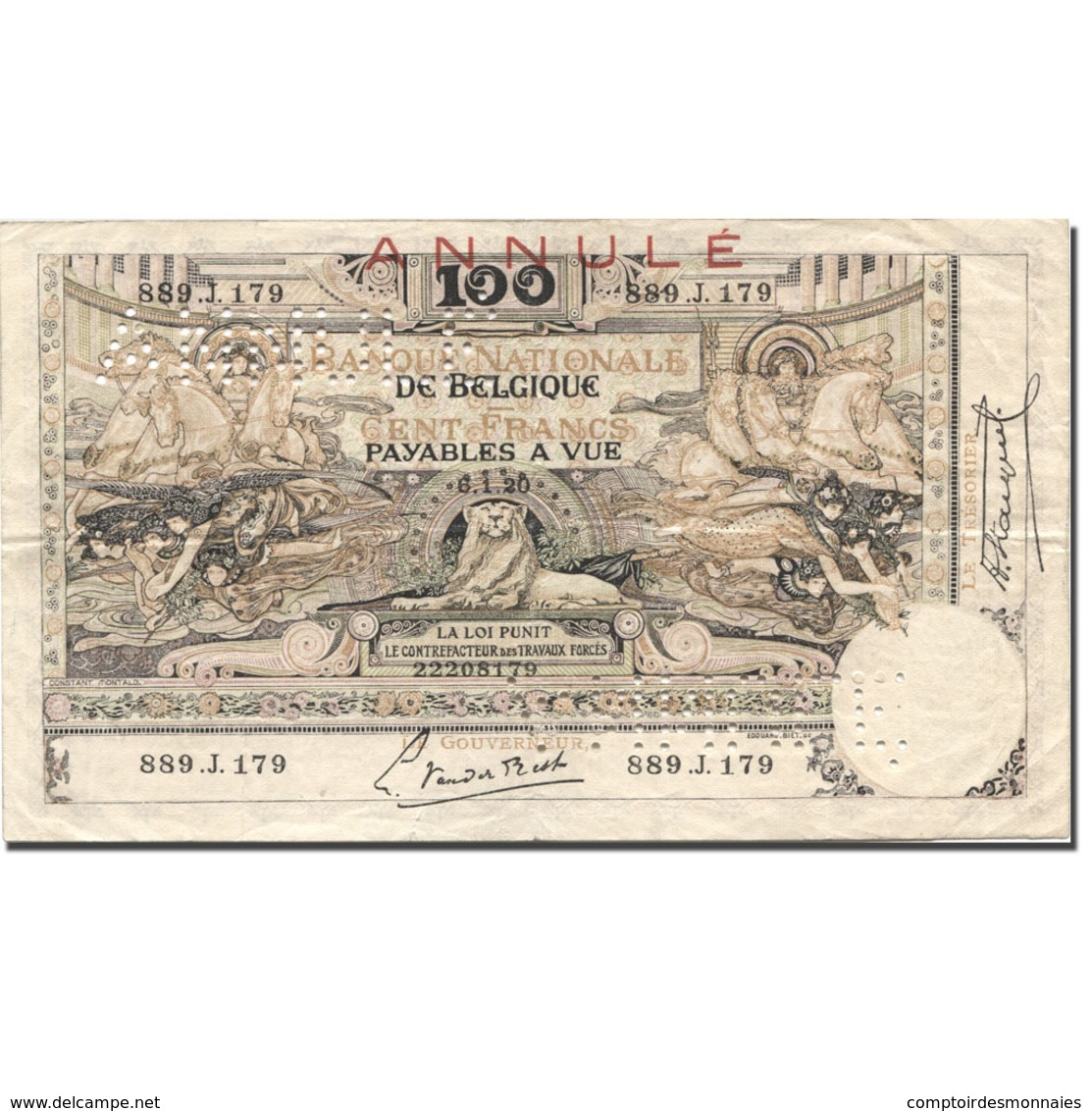 Billet, Belgique, 100 Francs, 1920, 1920-01-06, ANNULÉ, KM:78, TTB - 100 Francs & 100 Francs-20 Belgas