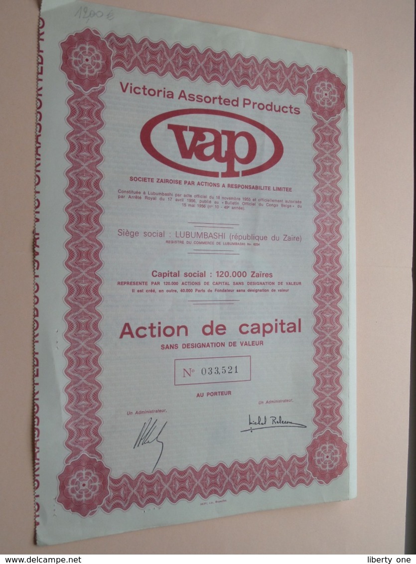 VAP - VICTORIA ASSORTED PRODUCTS Zaïre / Action De Capital Au Porteur - N° 033521 ( Zie/Voir Foto ) ! - Afrika