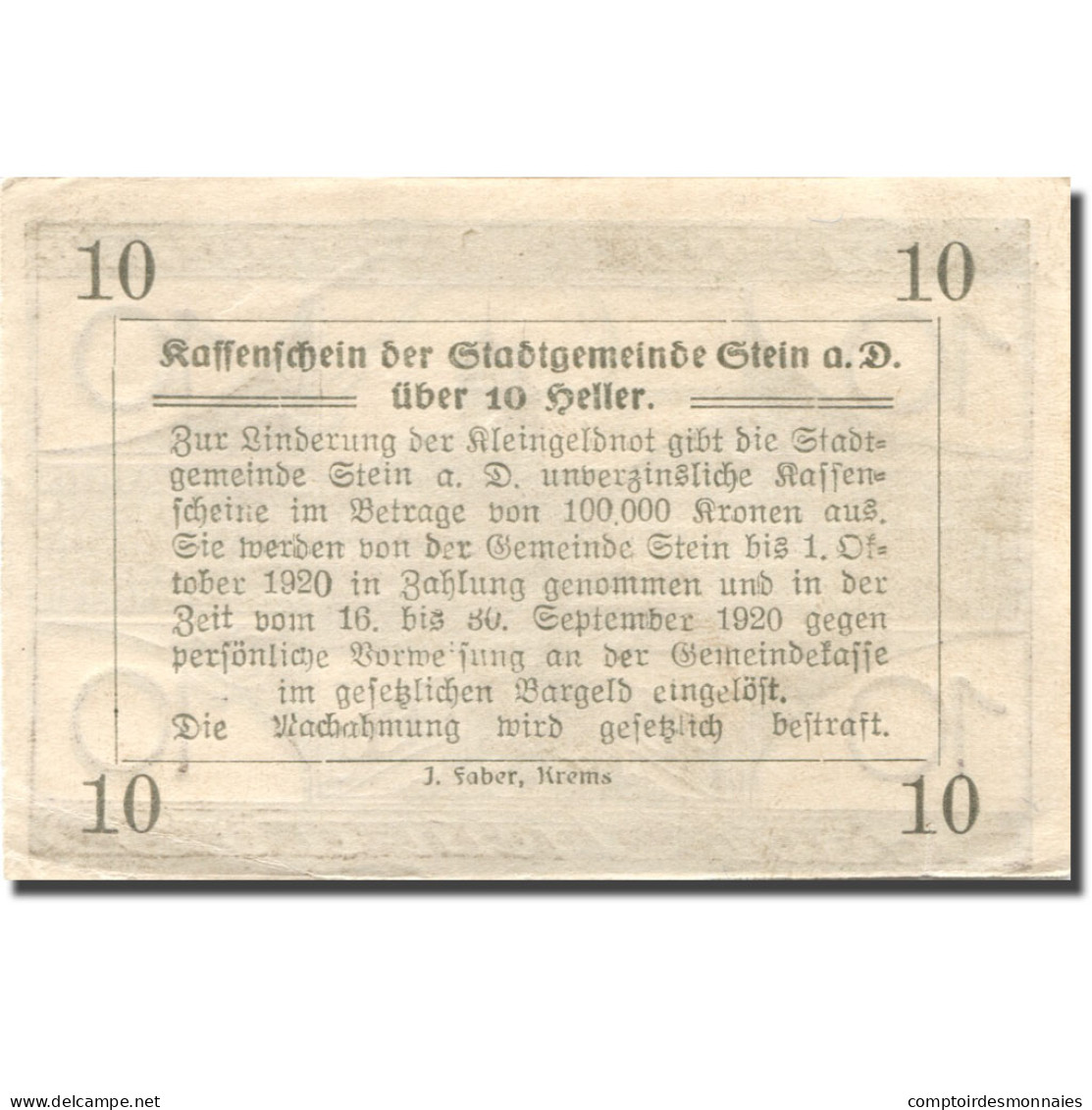 Billet, Autriche, Stein A/d Donau, 10 Heller, Blason, 1920 SUP Mehl:FS 1015I.3 - Austria