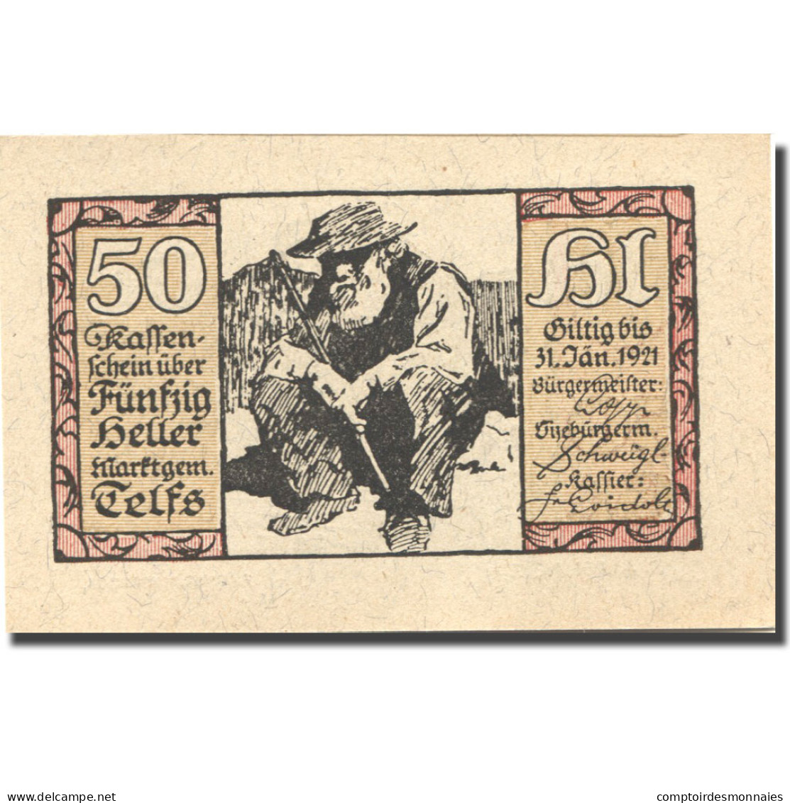 Billet, Autriche, Telfs, 50 Heller, étable 1921-01-31, SPL Mehl:FS 1061j - Austria