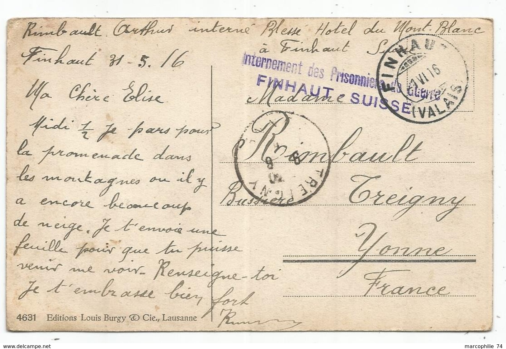 CARTE FINHAUT VALAIS 1916 GRIFFE VIOLETTE INTERNEMENT DES PRISONNIERS SUISSE - Lettres & Documents