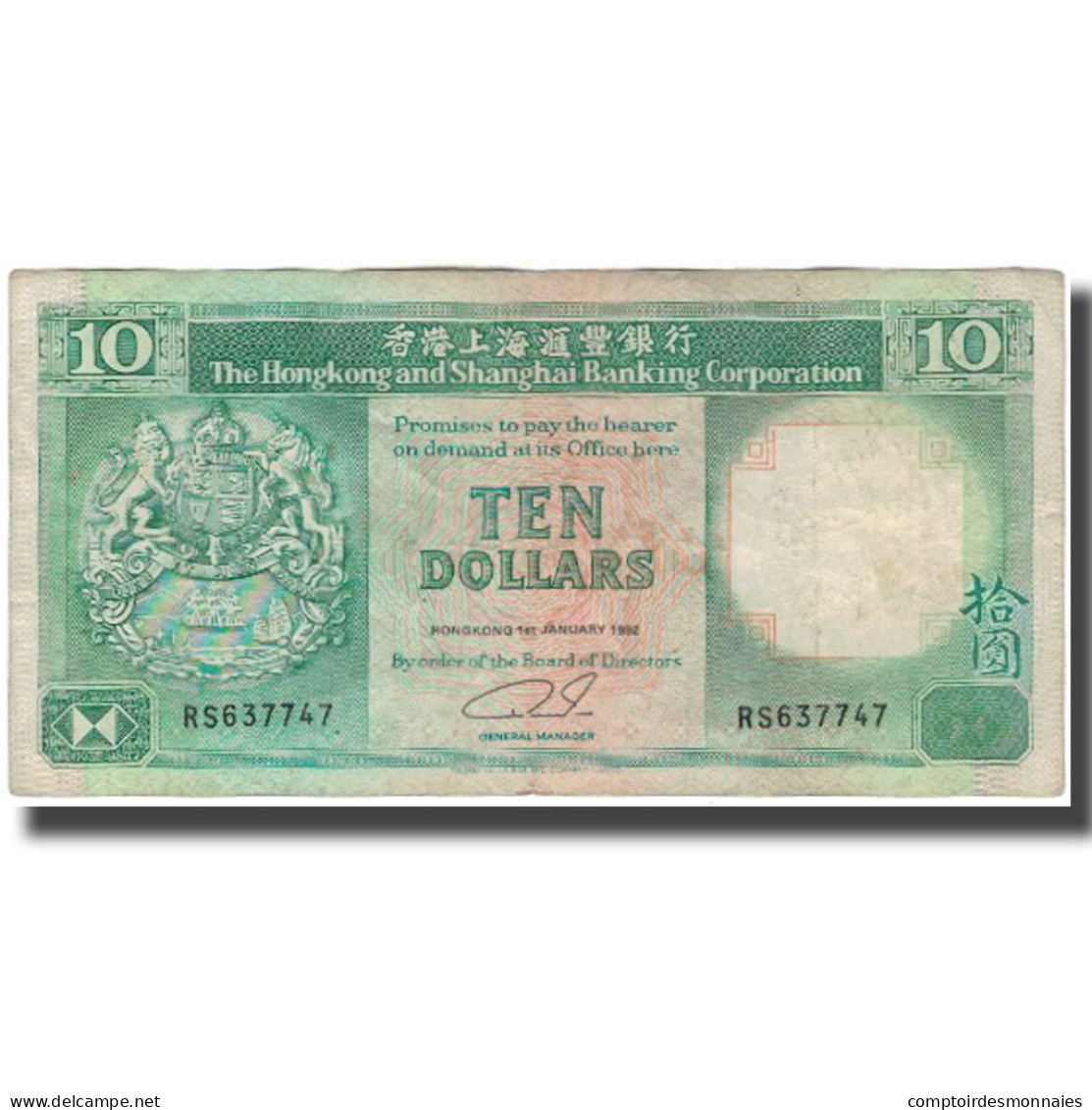 Billet, Hong Kong, 10 Dollars, 1992-01-01, KM:191c, TB+ - Hongkong