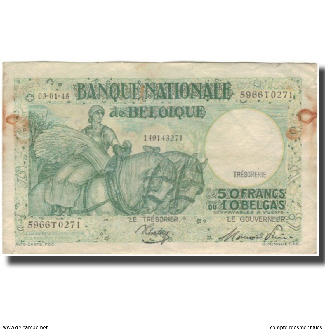 Billet, Belgique, 50 Francs-10 Belgas, 1945-01-03, KM:106, TB - 50 Franchi