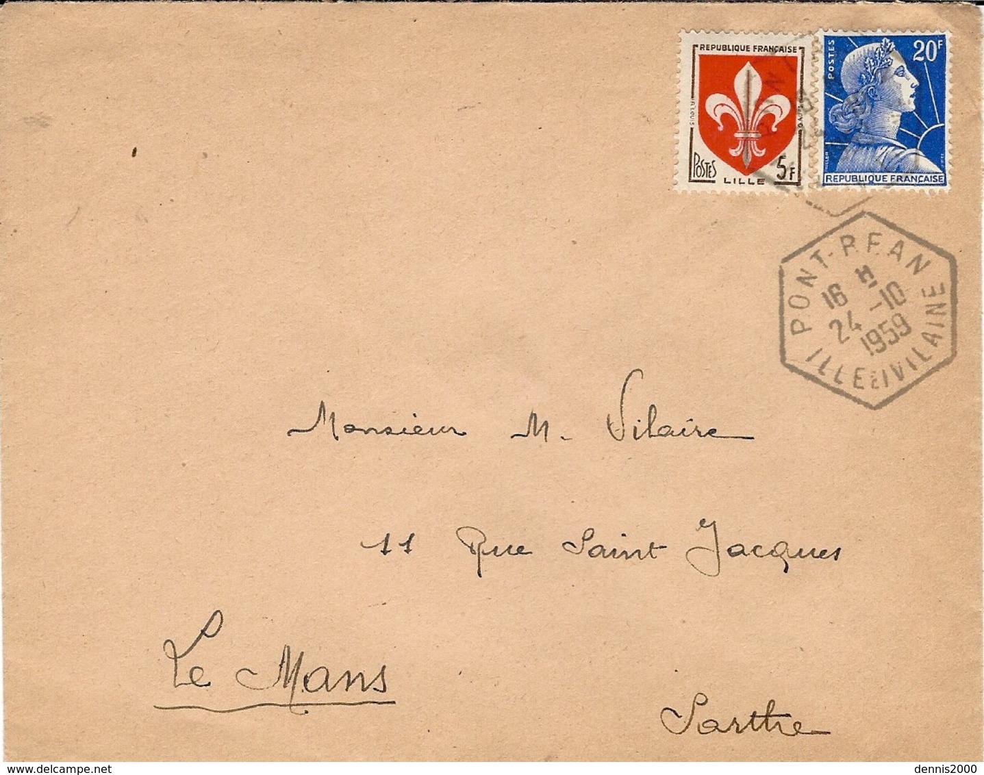 1959- Enveloppe. De PONT-REAN ( Ille Et Vilaine  ) Cad Hexag. Plein De R A R - 1921-1960: Période Moderne