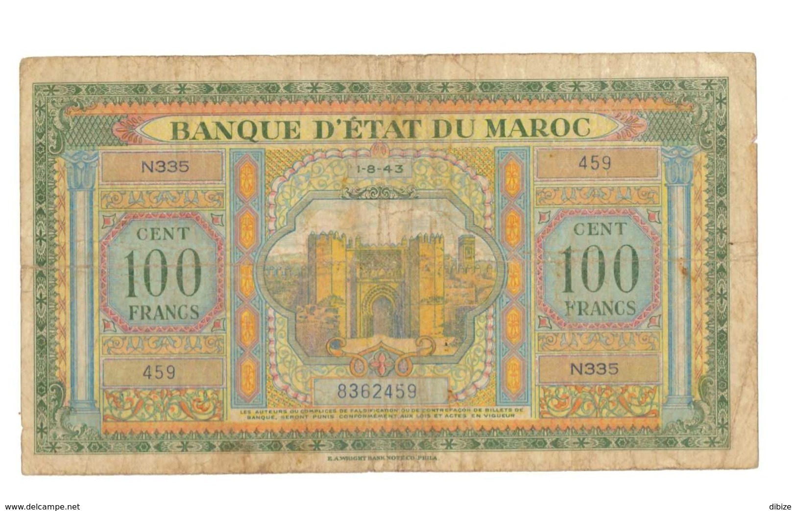 Maroc. Protectorat. Billet De 100 Francs Du 1-8-1943. 2ème émission. - Marokko