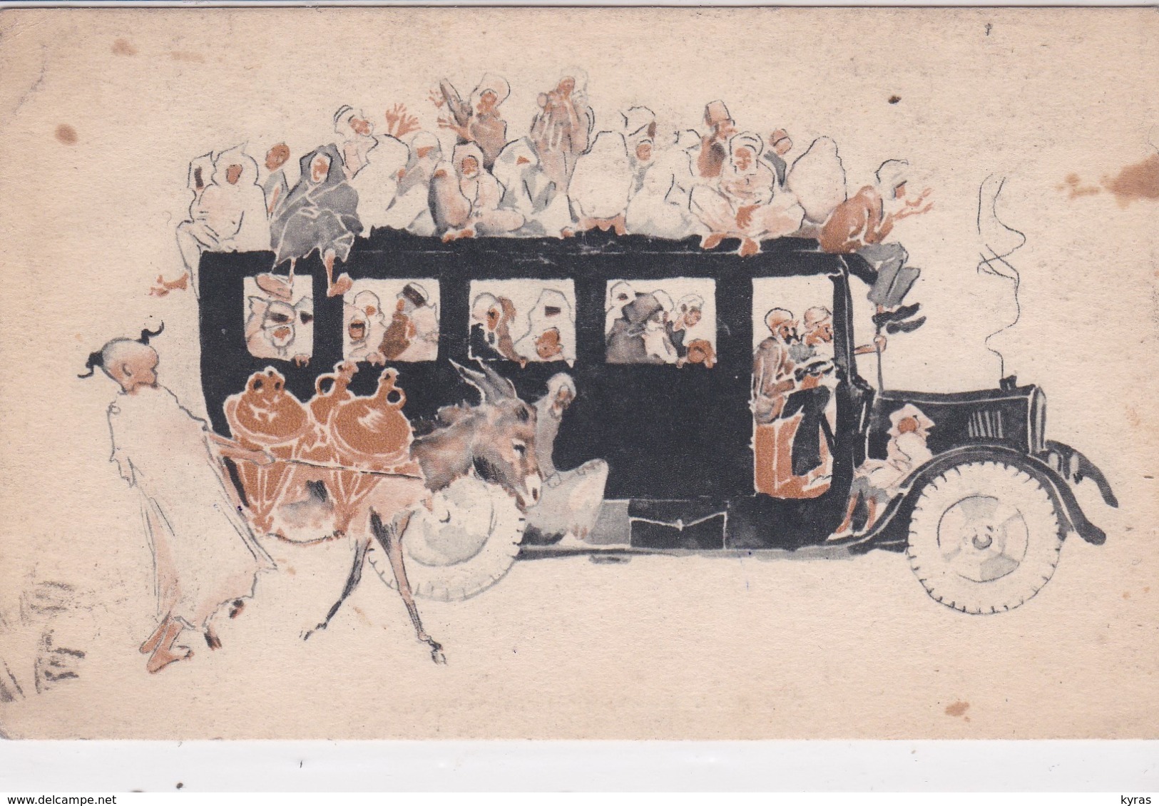 Illust . Non Signée . SCENES ET TYPES D'ALGERIE . Locomotion 2 (Autocar Archi-surchargé De Passagers+ Enfant à L'âne) - Scènes & Types