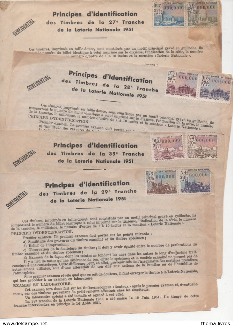 (loterie Nationale) (errinophilie)  Lot De 4 PRINCIPES D'IDENTIFICATION DES TIMBRES (tirages De 1951) (PPP21078) - Autres & Non Classés