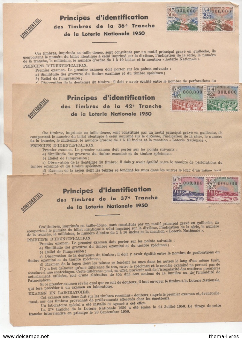 (loterie Nationale) (errinophilie)  Lot De 3 PRINCIPES D'IDENTIFICATION DES TIMBRES (tirages De 1950) (PPP21079) - Sonstige & Ohne Zuordnung