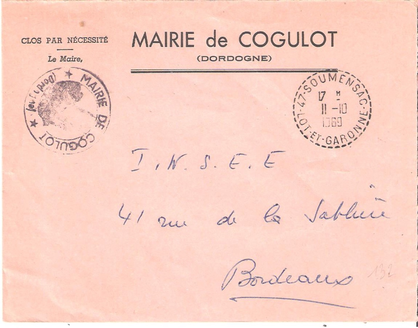 Lot Et Garonne :- SOUMENSAC Dateur Type B9 Sur Enveloppe En Franchise De La Mairie De COGULOT - 1961-....