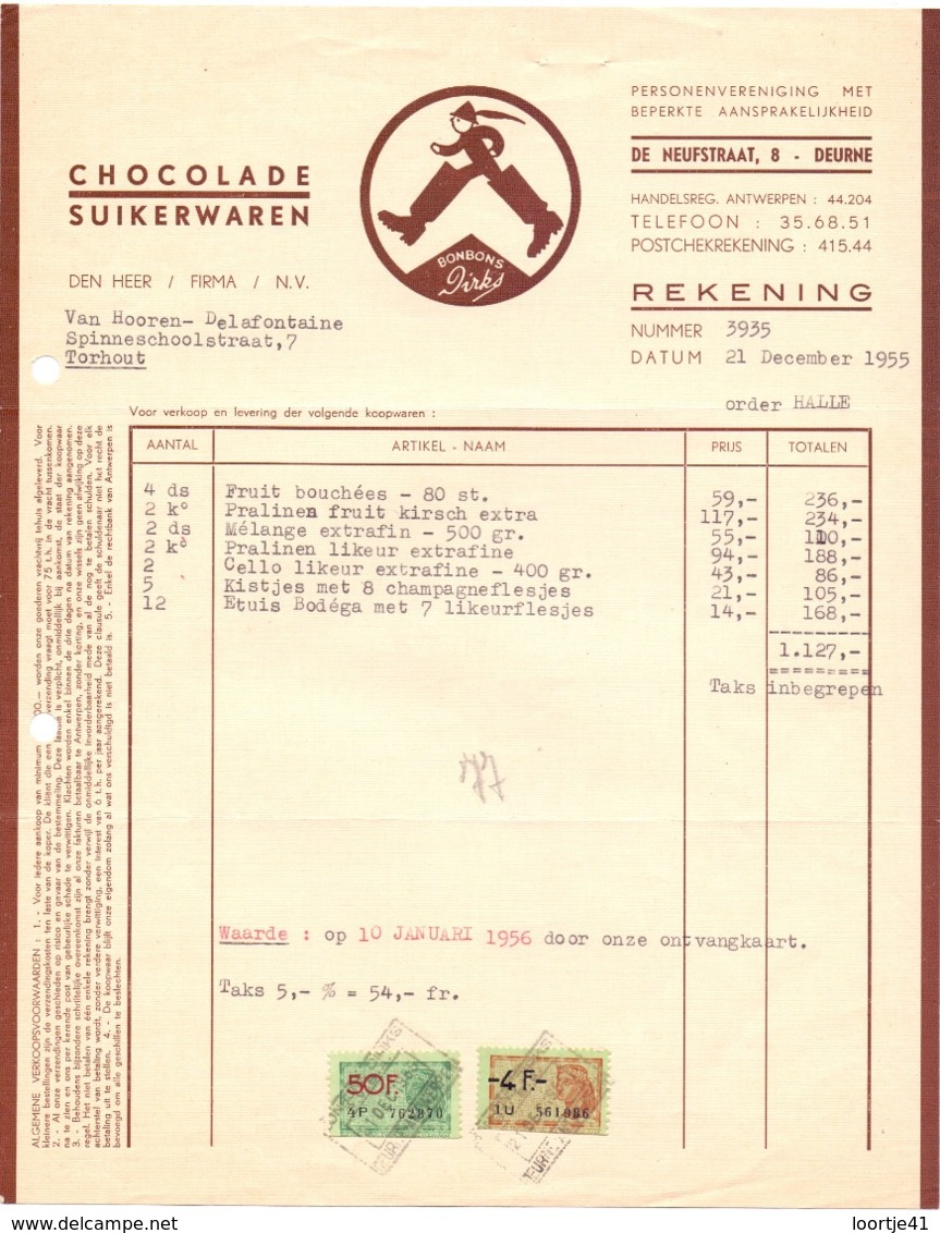 Factuur Facture - Chocolade Suikerwaren Bonbons Dirks - Deurne 1955 - Lebensmittel