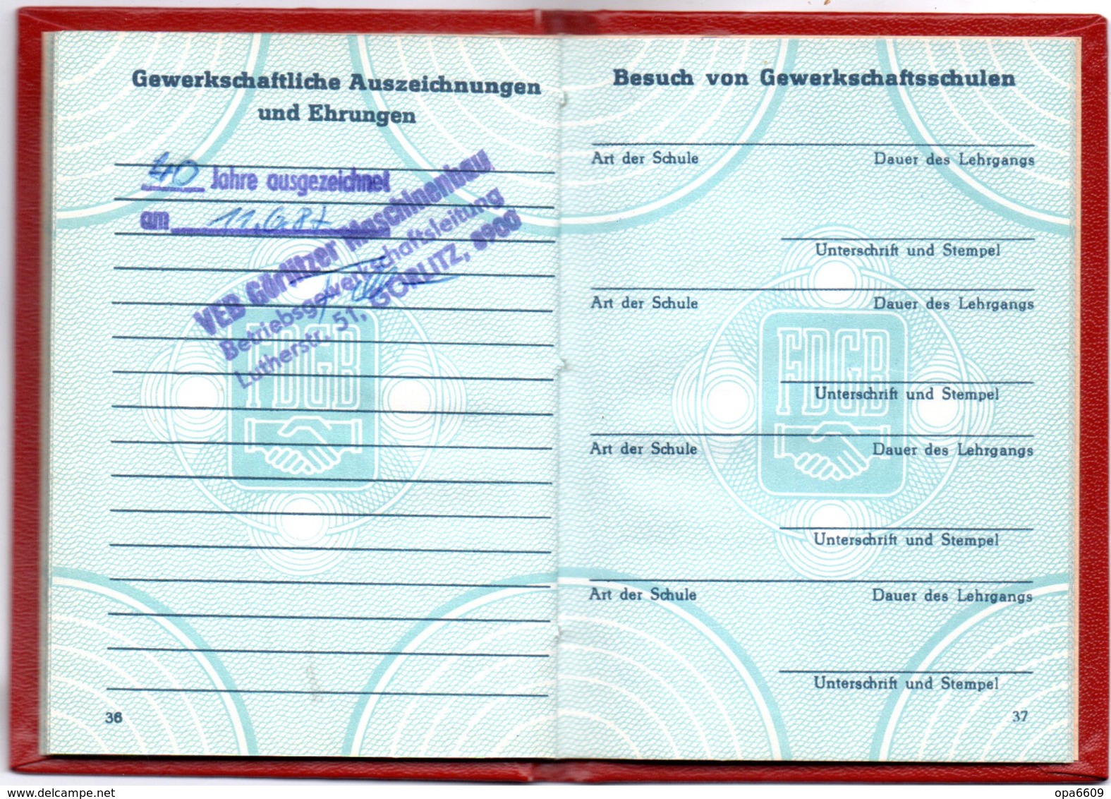 (Kart-ZD) DDR MITGLIEDSBUCH "FDGB - Freier Deutscher Gewerkschaftsbund" ausgest. Görlitz 10.6.1980 bis 1989