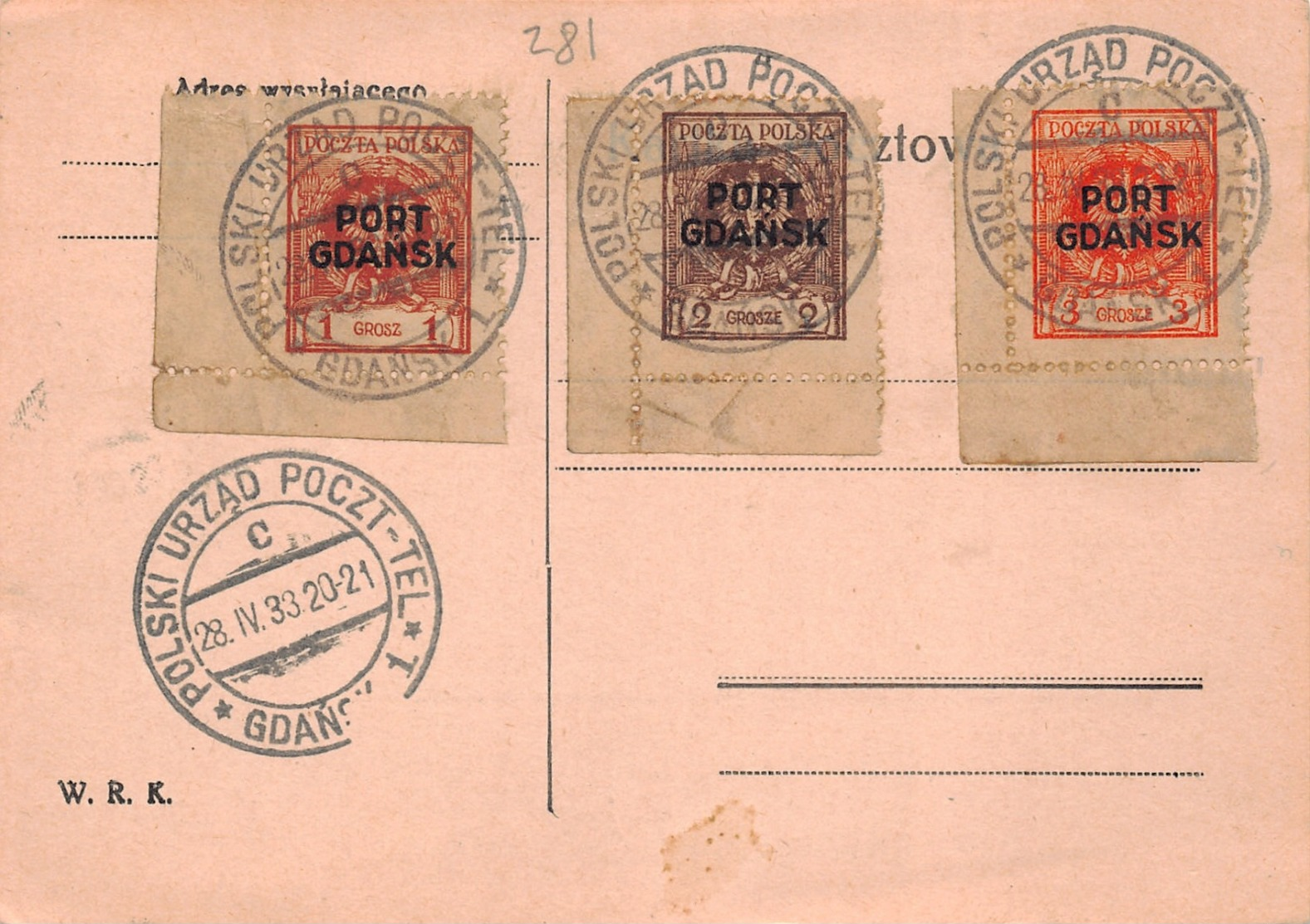 POLOGNE - POLSKI  Urzad Poczt - 1933 - Carte With 3 Stamps  PORT GDANSK - Cartas & Documentos