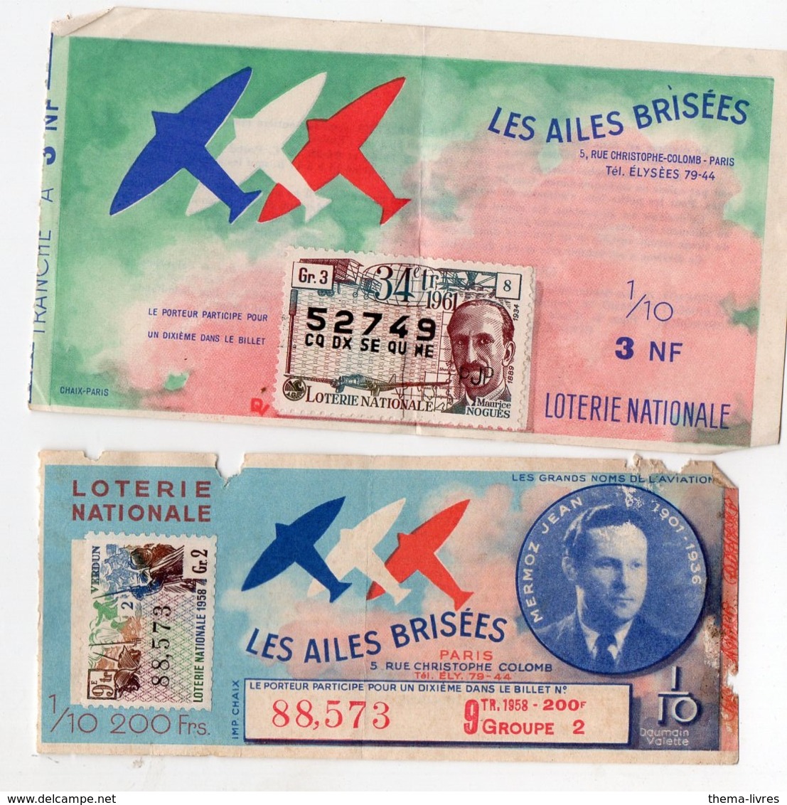 (aviation) (loterie Nationale) Lot De 2 Billets 1/10e AILES BRISEES  1958-61 Dont JEAN MERMOZ (PPP21085) - Billets De Loterie