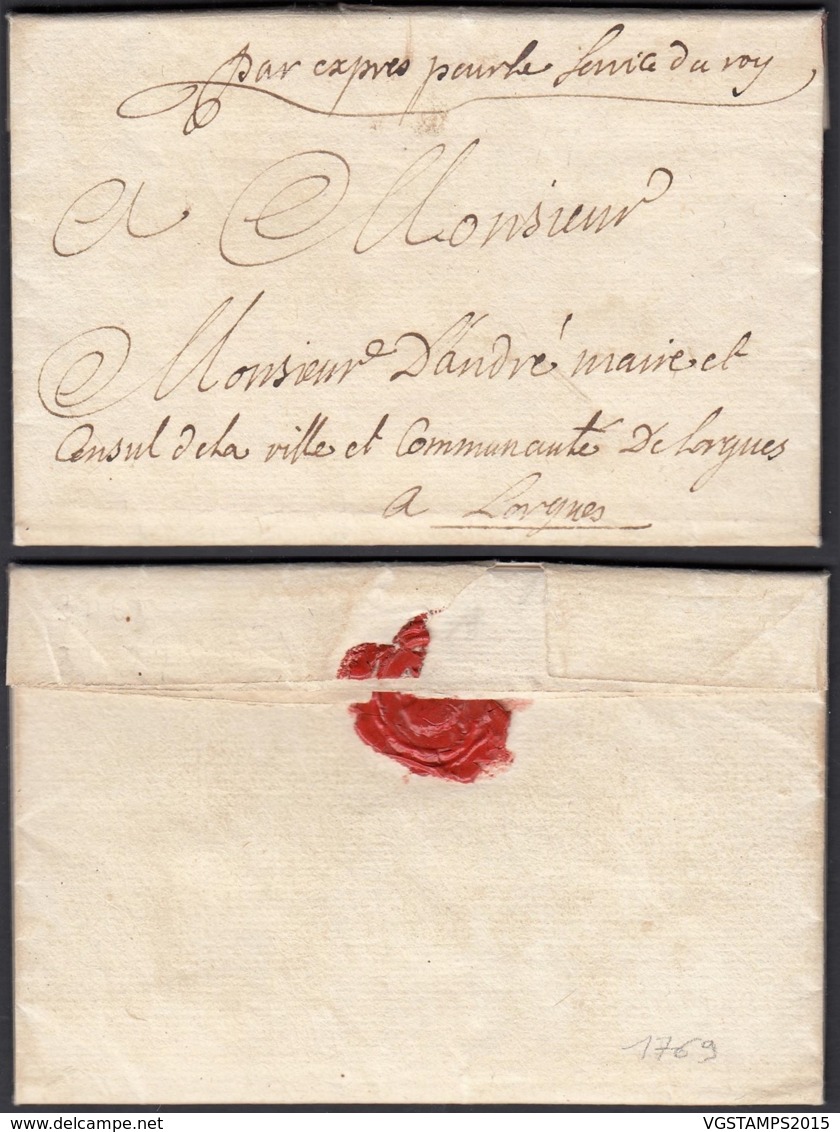 FRANCE LETTRE DE VIDAUBAN 21/05/1769 VERS LORGUES MAN"PAR EXPRES POUR LE SERVICE DU ROY"(VG) DC-4623 - 1701-1800: Vorläufer XVIII