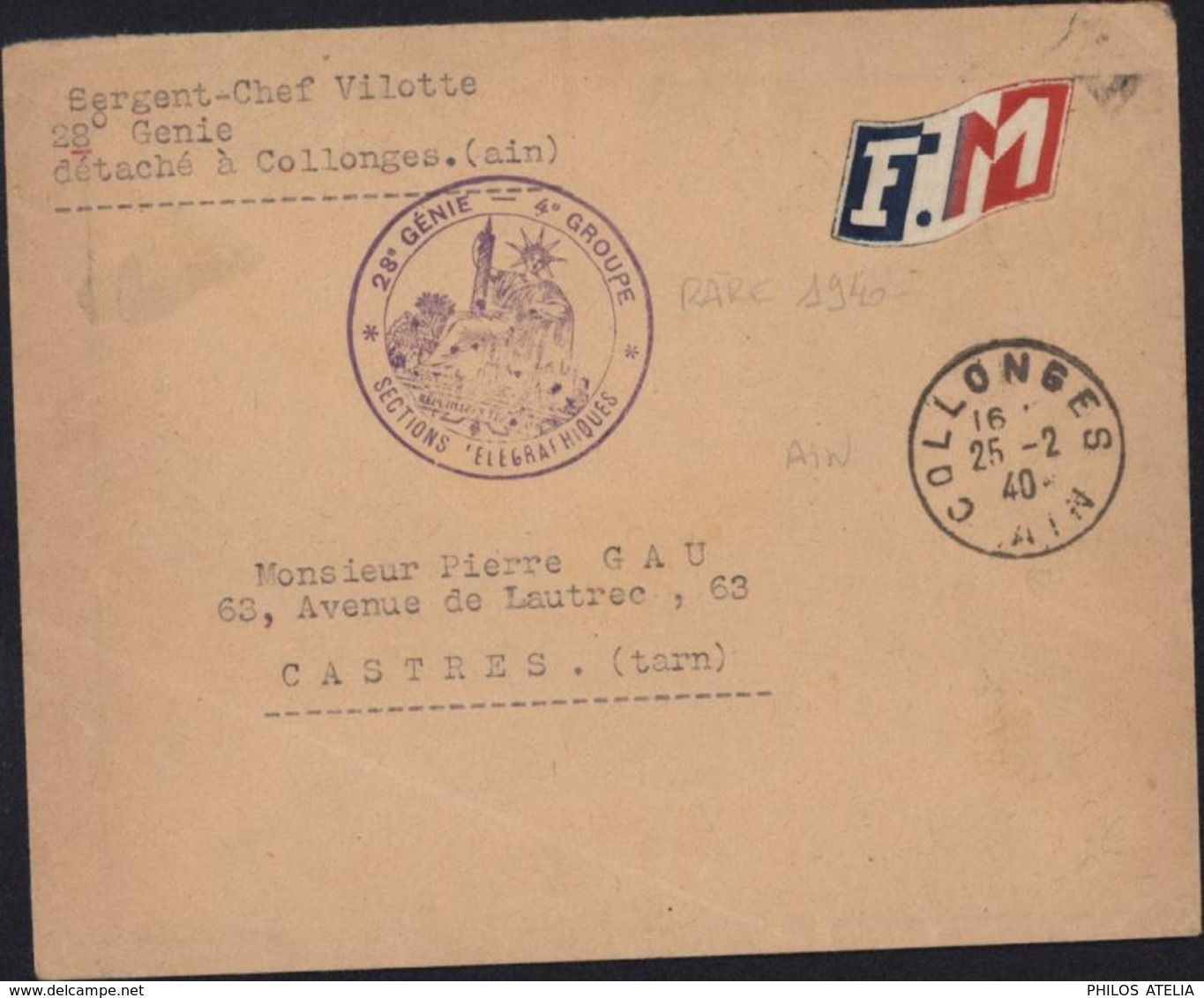 Guerre 40 Vignette Tricolore FM Bleu Blanc Rouge CAD Collonges 01 25 2 40 Cachet 2e Génie 4 Groupe Section Télégraphique - Guerre De 1939-45