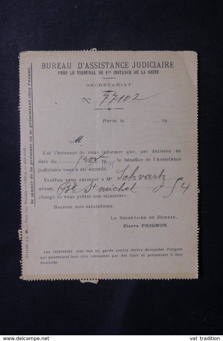 FRANCE - Entier Postal Type Semeuse, Repiquage Du Bureau D'Assistance Judiciaire De Paris En 1921 - L 47008 - Letter Cards