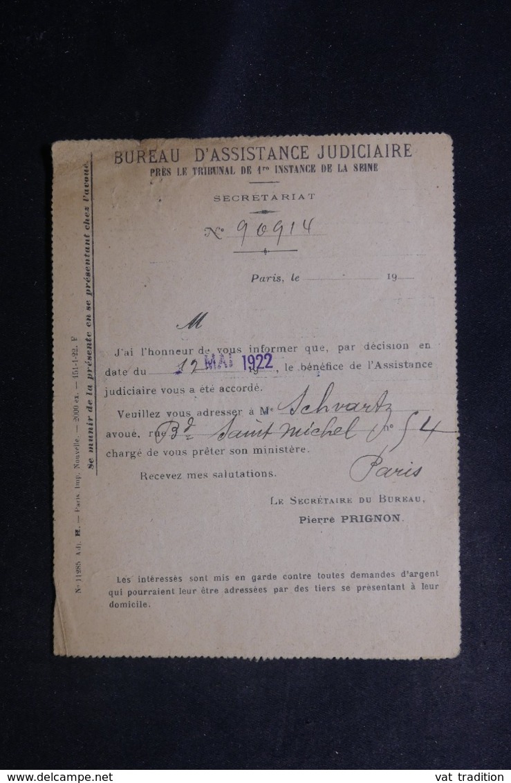 FRANCE - Entier Postal Type Semeuse, Repiquage Du Bureau D'Assistance Judiciaire De Paris En 1922 - L 47012 - Cartes-lettres