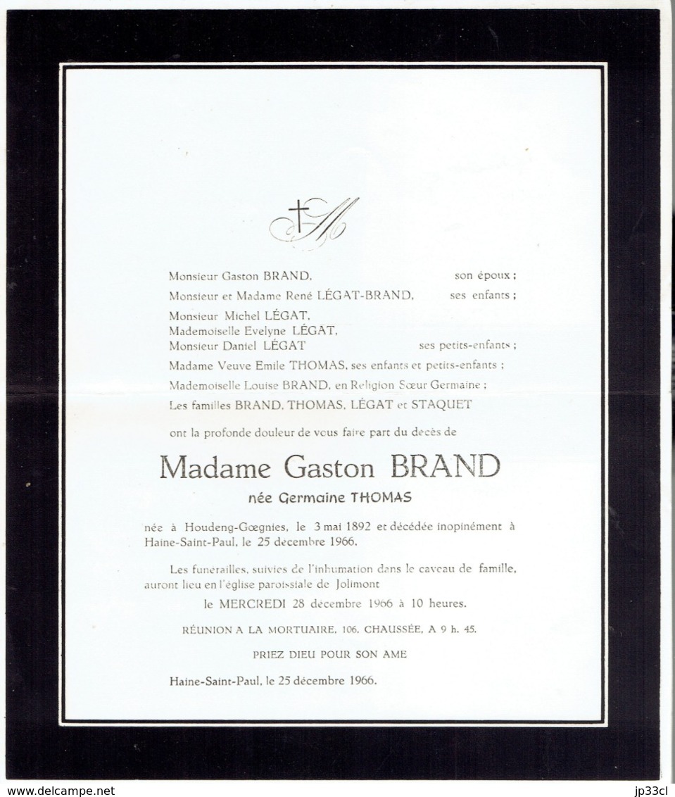 Ancien Faire-part De Décès De Madame Gaston Brand, Née Germaine Thomas, Décédée à Haine-St-Paul Le 25/12/1966 - Esquela