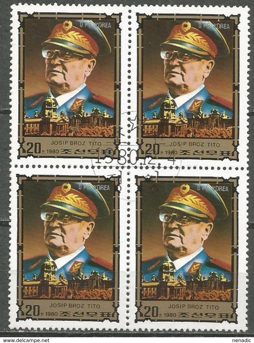 Korea North,Anent Of Death-J.B.Tito 1980.,FD-block Of Four,canceled With Gum - Korea (Noord)