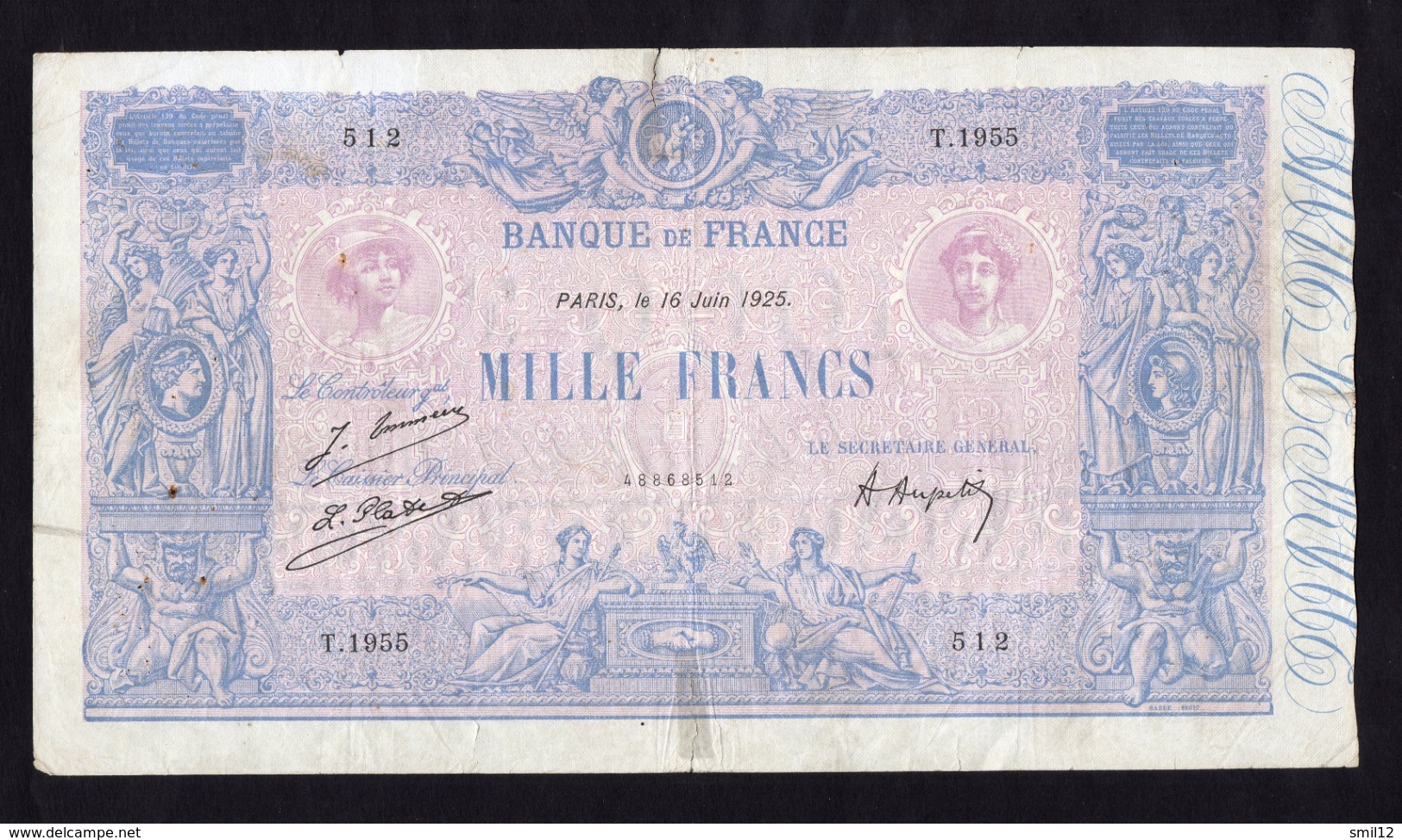 France - 1000 Francs Bleu Et Rose Du 16/06/1925 - 1 000 F 1889-1926 ''Bleu Et Rose''