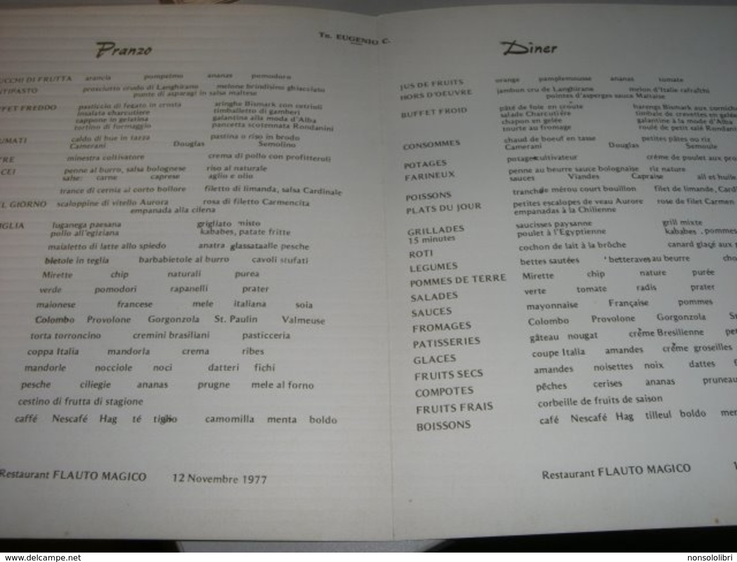 MENU' T/N EUGENIO C. 1977 - Menu