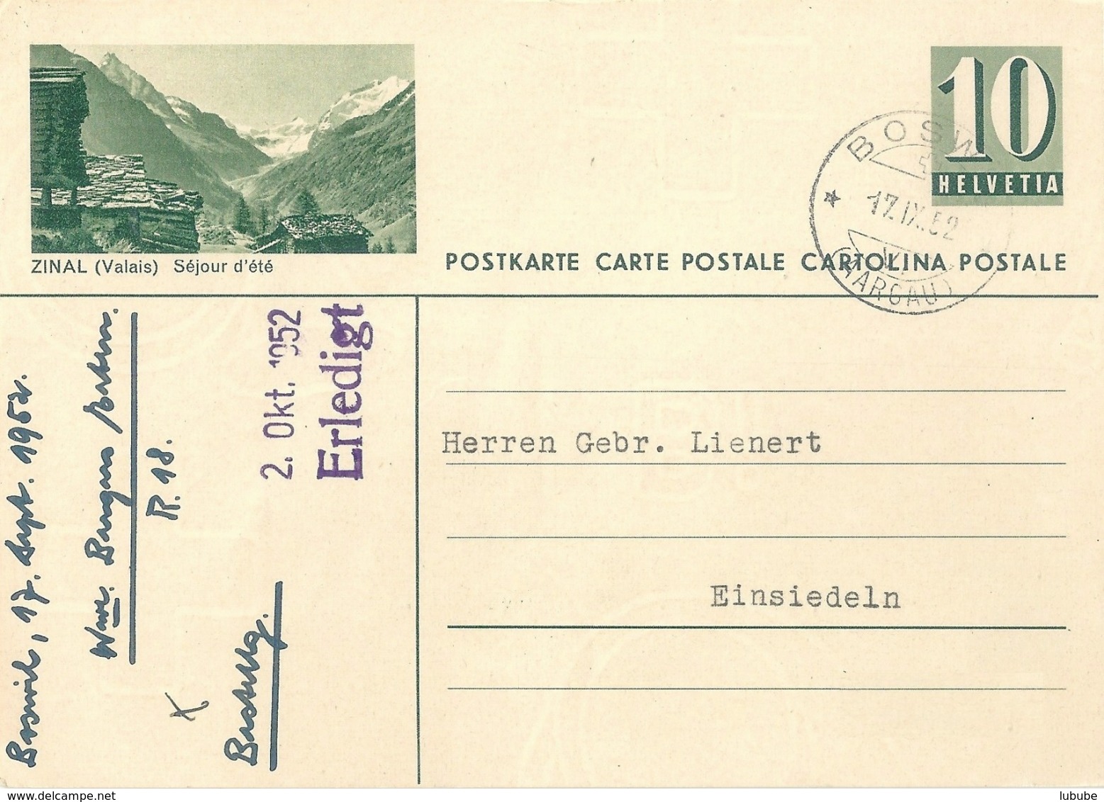 PK 182  "Zinal (Valais) Séjour D'été"             1952 - Interi Postali