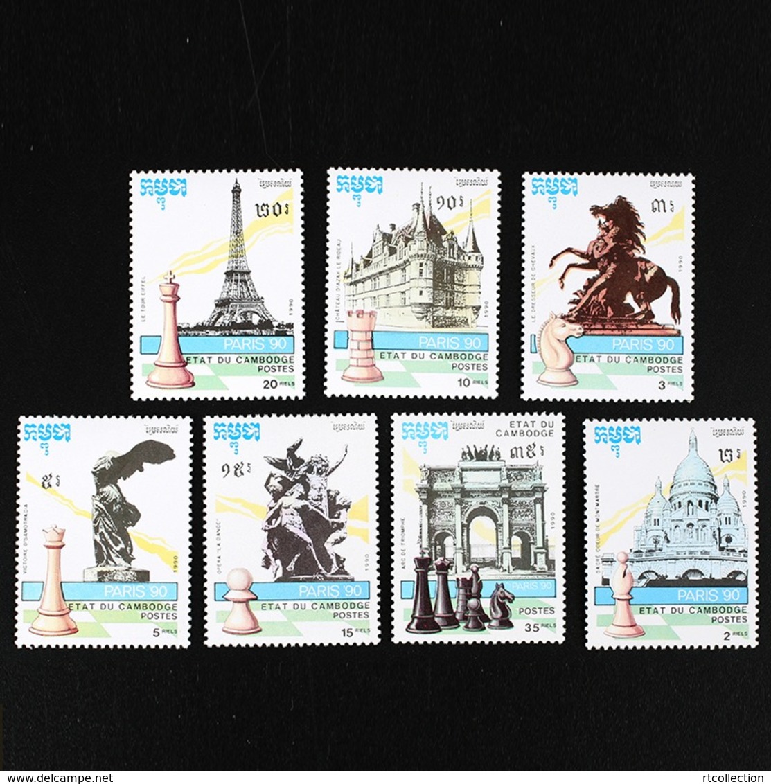 Cambodia 1990 World Chess Championship Paris Architecture Buildings Tour Eiffel Tower Game Stamps MNH Michel 1169-1176 - Cambodia
