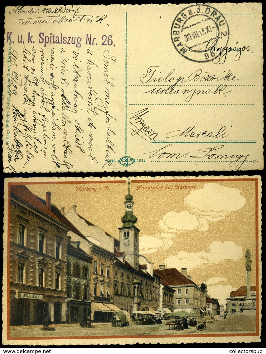 I. VH. Képeslap Spitalzug  Bélyegzésssel, Marburg, Marcaliba Küldve  /  WW I. Vintage Pic. P.card Spitalzug Pmk, Marburg - Storia Postale