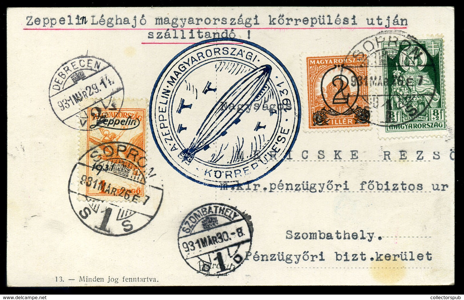 SOPRON 1931. Dekoratív Zeppelin Képeslap Szombathelyre Küldve  /  Decorative Zeppelin Vintage Pic. P.card To Szombathely - Lettres & Documents