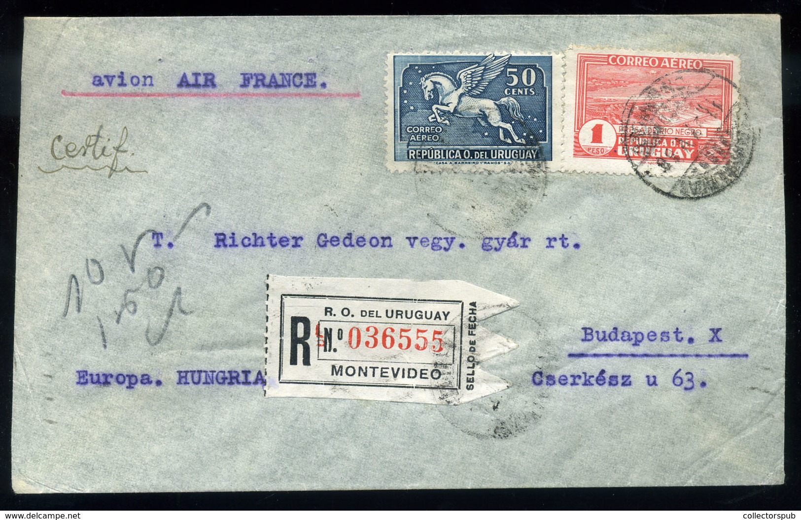 URUGUAY 1938. Dekoratív Légi Levél A Richter Gedeon Gyárba Küldve, Budapestre  /   Decorative  Airmail Letter To The Ric - Uruguay