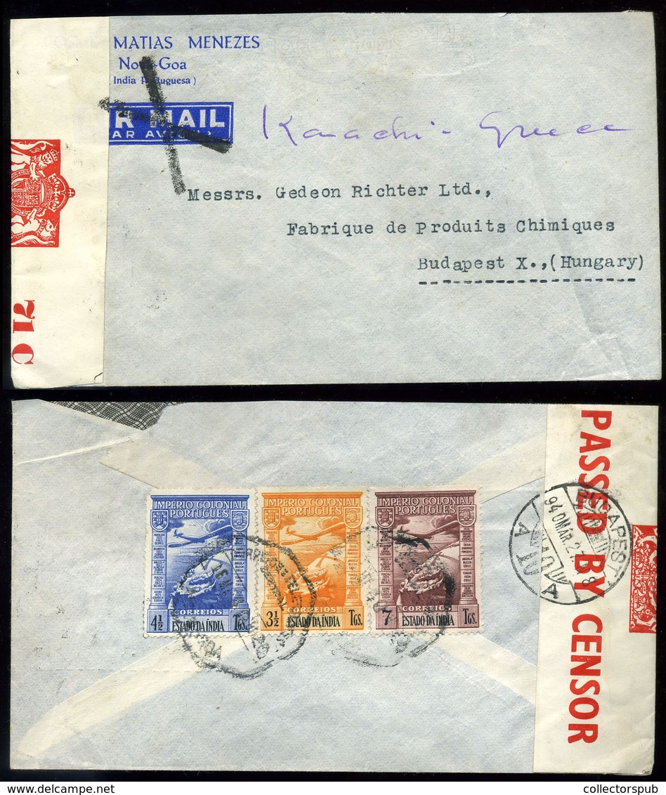 GOA 1940. Dekoratív , Cenzúrázott Légi Levél A Richter Gedeon Gyárba Küldve, Budapestre  /   Decorative  Cens. Airmail L - Portuguese India