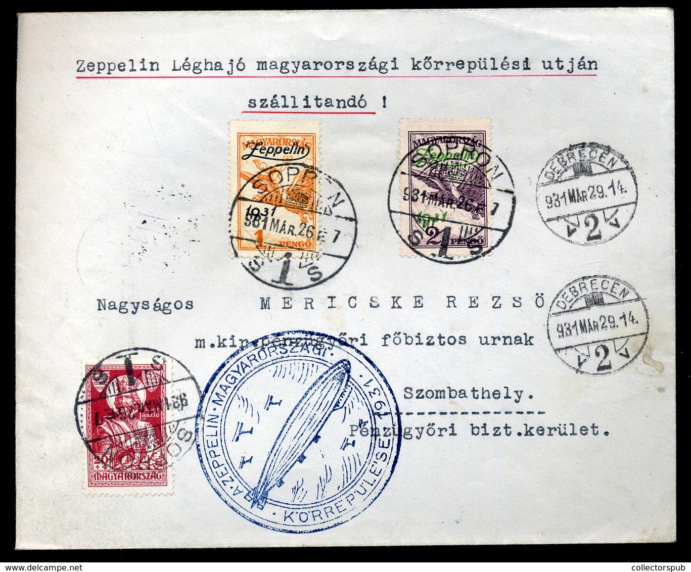 SOPRON 1931. Dekoratív Zeppelin Levél Szombathelyre Küldve  /   Decorative  Zeppelin Letter To Szombathely - Covers & Documents