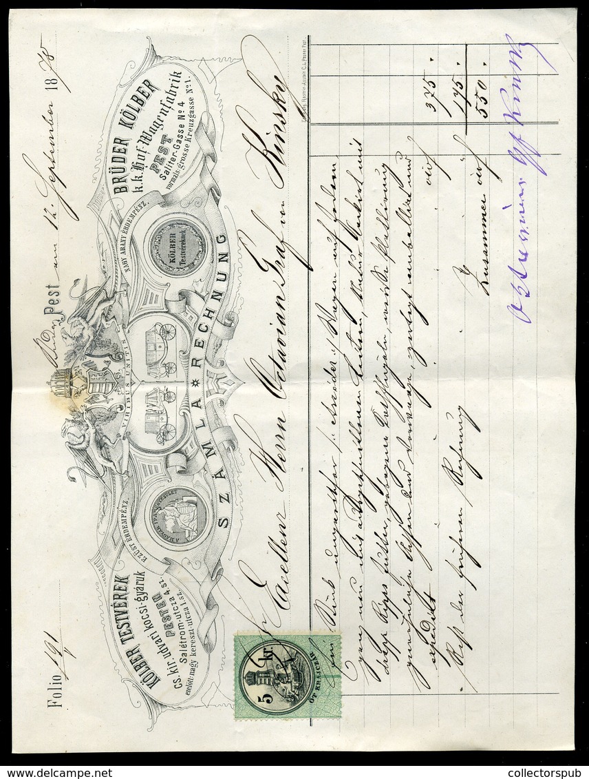 PEST 1878. Kölber Testvérek Kocsigyár, Fejléces, Céges Számla /  Letterhead Corp. Bill Car Factory - Unclassified