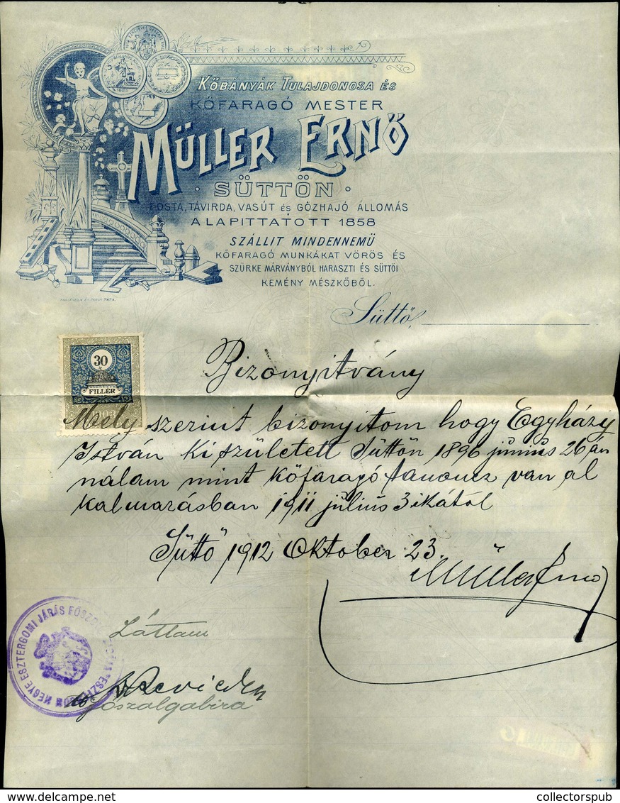 SÜTTŐ 1912. Müller Ernő Köfaragó, Fejléces Céges Levél /  Letterhead Corp. Bill Stone Mason - Unclassified