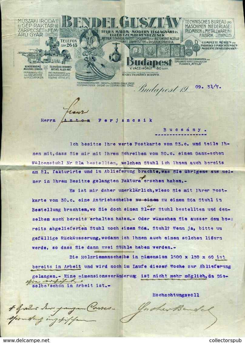 BUDAPEST 1909. Bendel Gusztáv üzemberendezések, Fejléces Céges Levél /  Letterhead Corp. Bill Industrial Machines - Unclassified