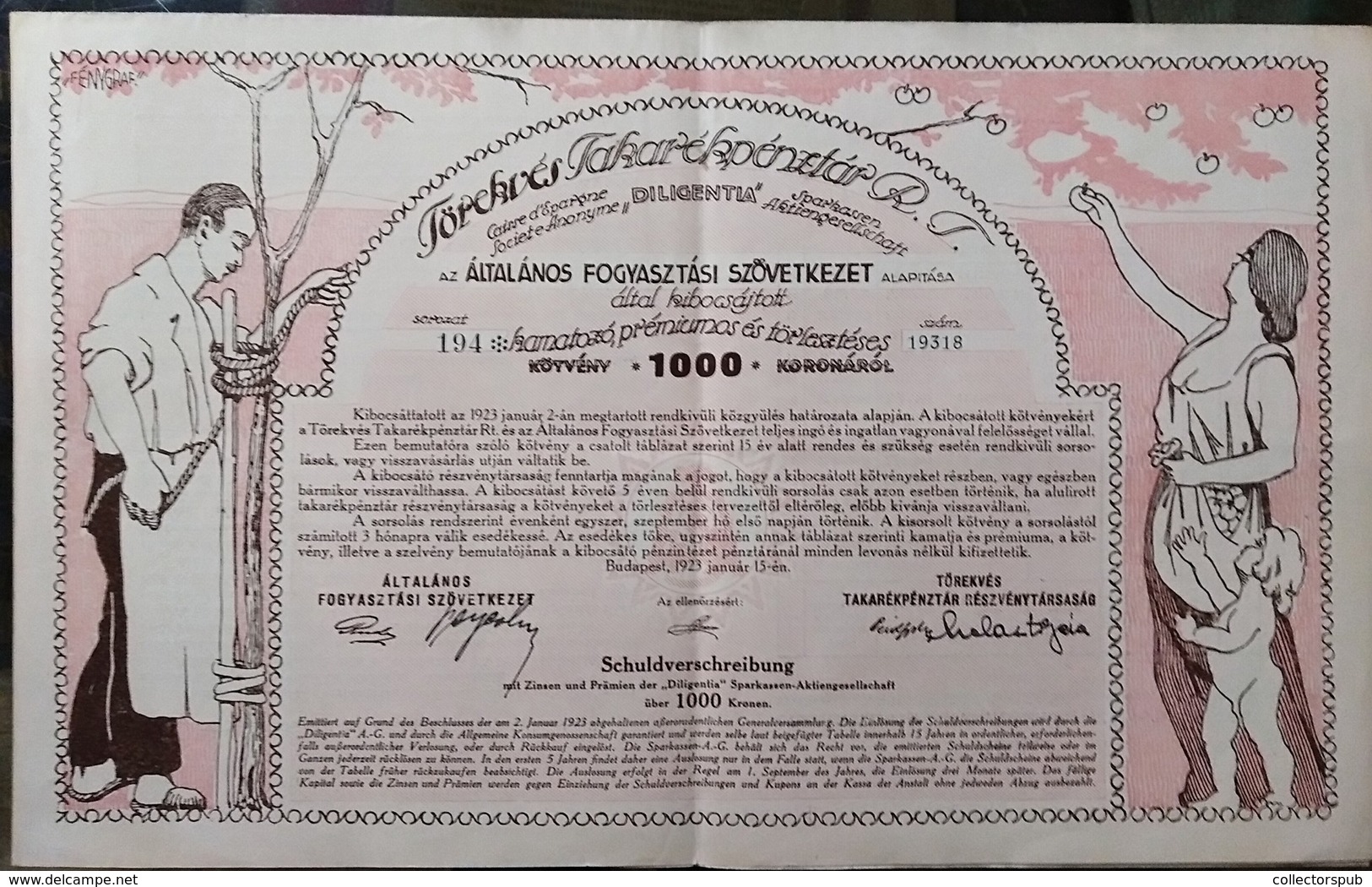 TÖREKVÉS Takarékpénztár 1923. Kötvény 1000K   /  "ENDEAVOR" Savings 1000K Bond - Ohne Zuordnung