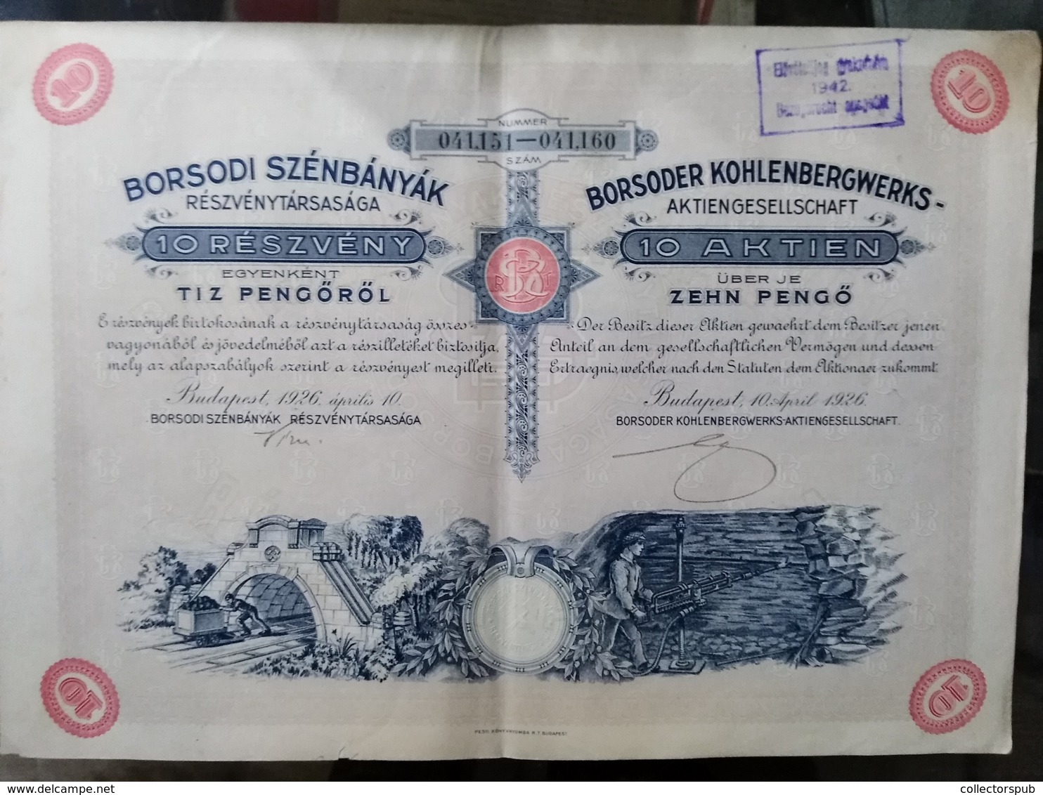 Budapest 1926. 'Borsodi Szénbányák Részvény  /  Coal Mines Of Borsod Share - Ohne Zuordnung