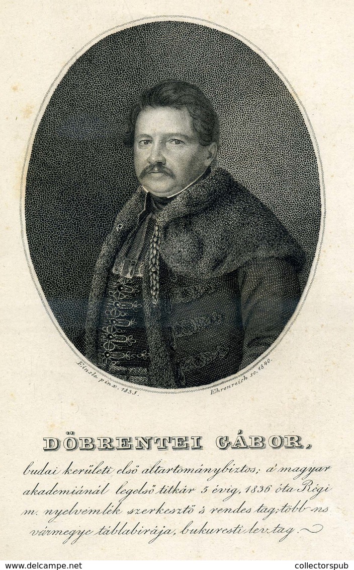 DÖBRENTEI Gábor , Portré, Rézmetszet 1840. Képméret  18*11 Cm  /  Portrait, Copper Etching - Unclassified