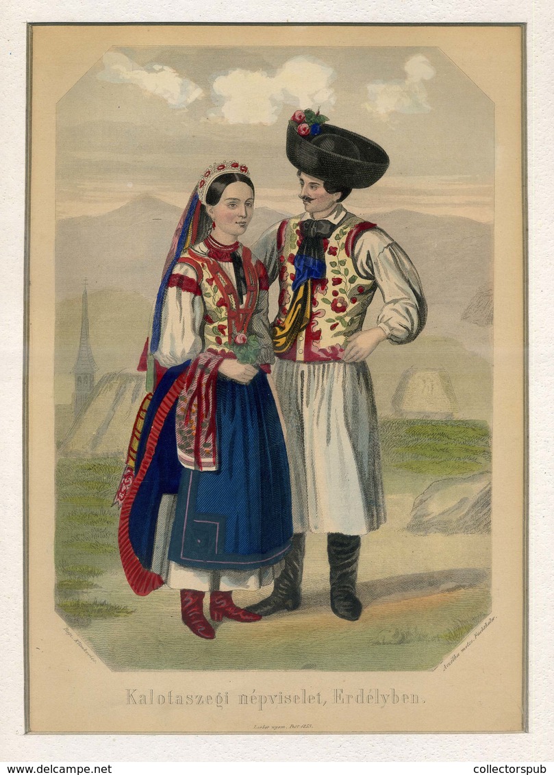 Kalotaszegi Népviselet Erdélyben,színezett Acélmetszet 1853. Képméret : 27*19 Cm  /  Traditional Costume In Transylvania - Ohne Zuordnung