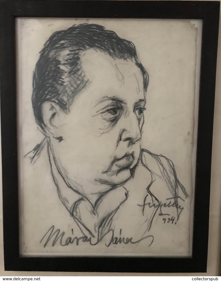 SZIGETHY István : Márai Sándor Portré, Jelzett Grafika, Keretben, Szép Darab! Képméret 30*22 Cm  /  Sándor Márai Portrai - Disegni