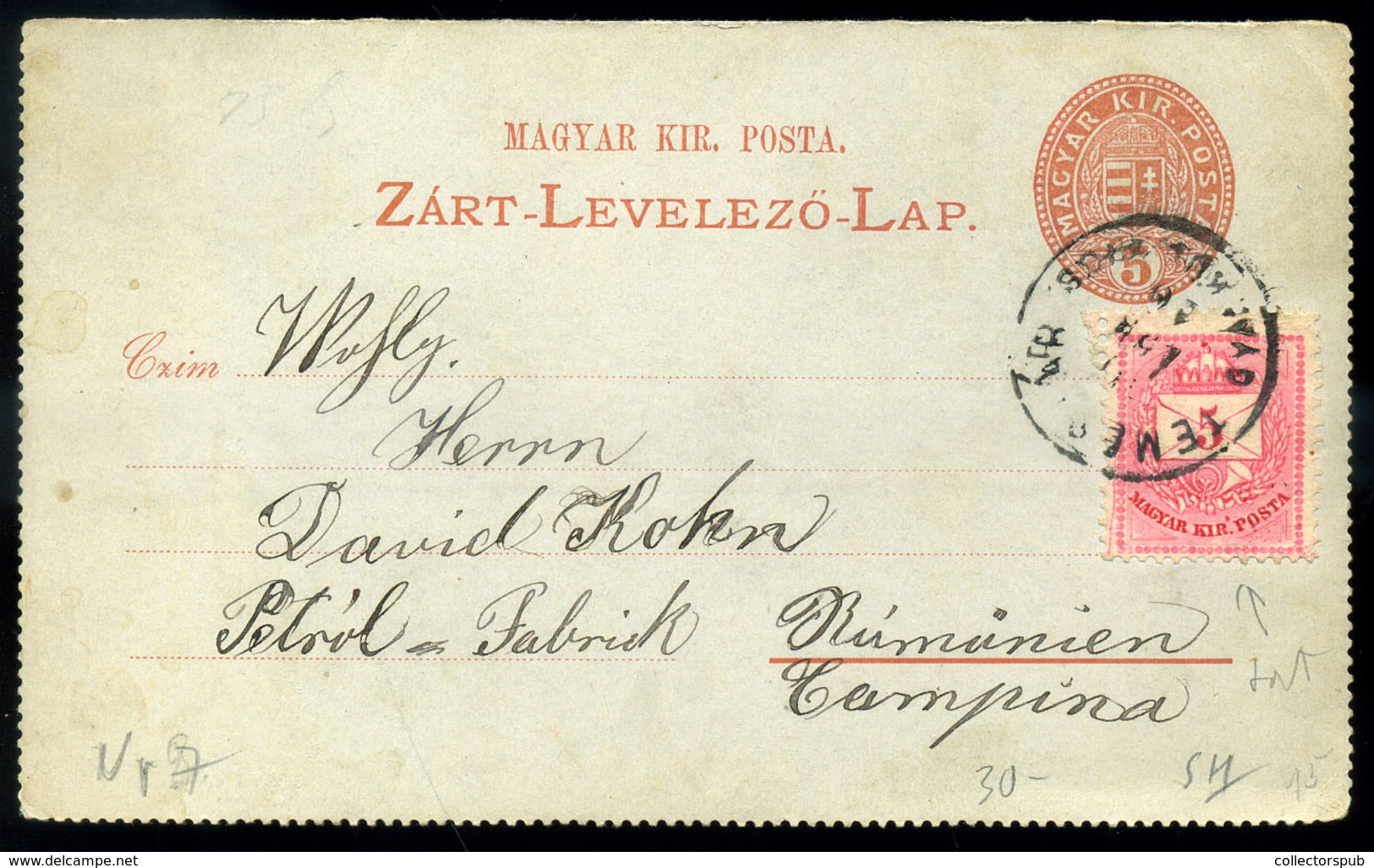 TEMESVÁR 1897. Kiegészített Zárt Díjjegyes Lap Romániába Küldve  /  Uprated Sealed Stationery Card To Romania - Gebraucht