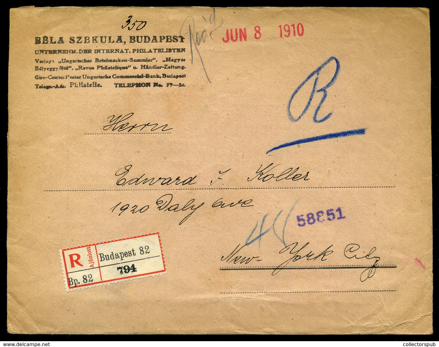 BUDAPEST 1910. Dekoratív Ajánlott Szekula Levél New York-ba Küldve  /   Decorative  Reg. Secula Letter To New York - Gebraucht