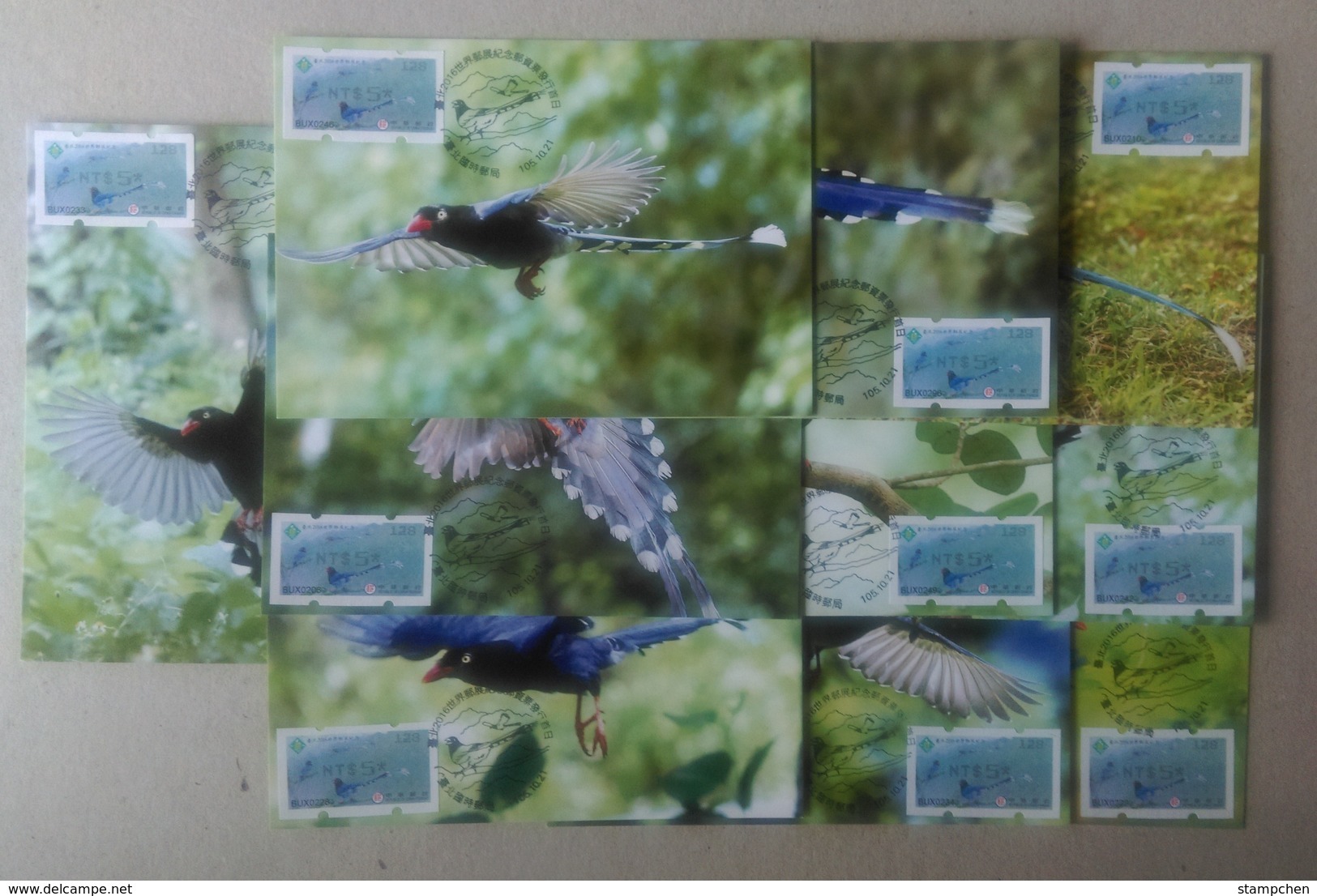 Taiwan 10 Maxi Cards Black Imprint ATM Frama -PHILATAIPEI 2016 World Stamp Exhi.-Blue Magpie Bird Unusual - Cartes-maximum