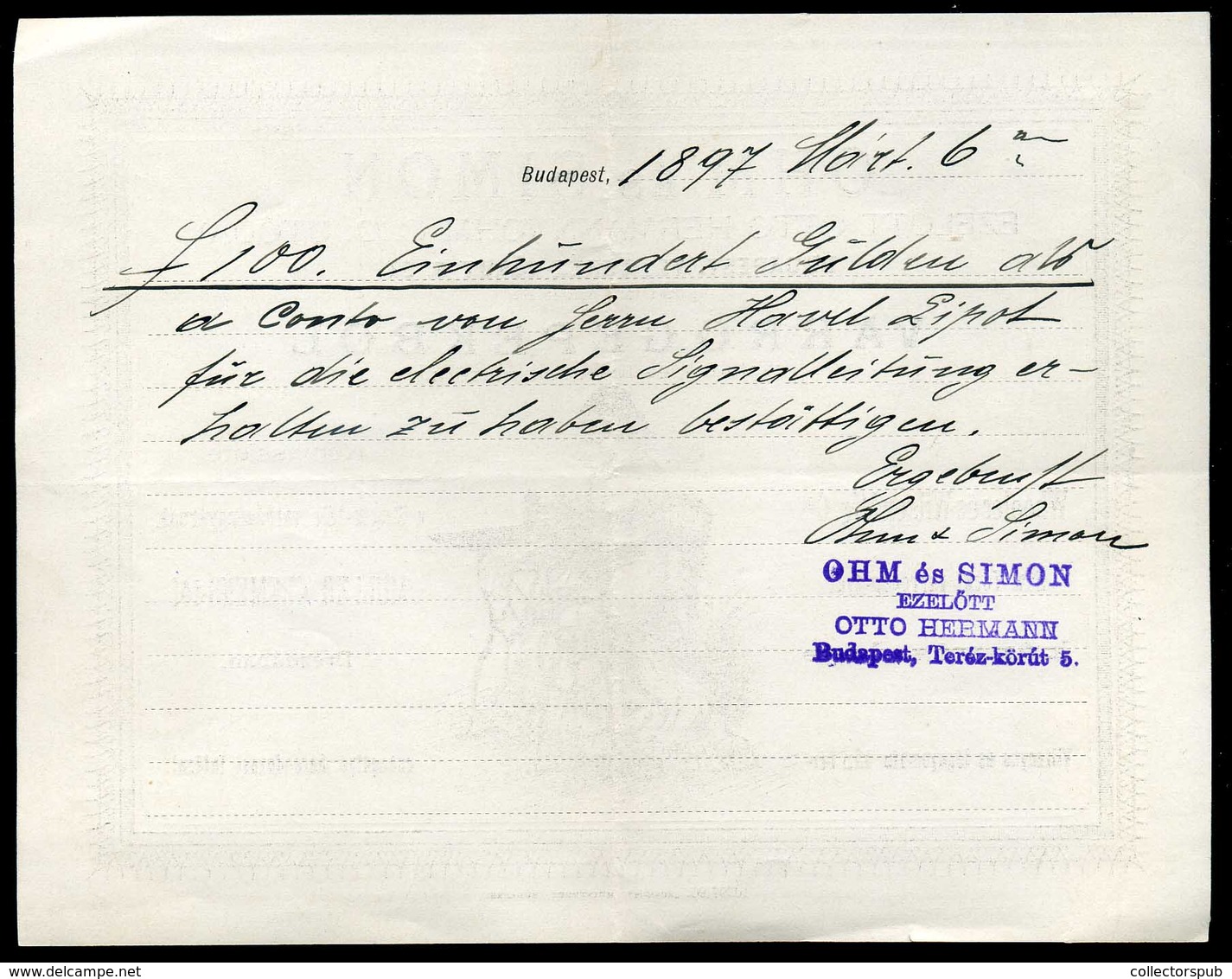 OHM és Simon Varrógépek, Fejléces, Céges Számla 1897. /  Sewing Machines Letterhead Corp. Bill - Ohne Zuordnung
