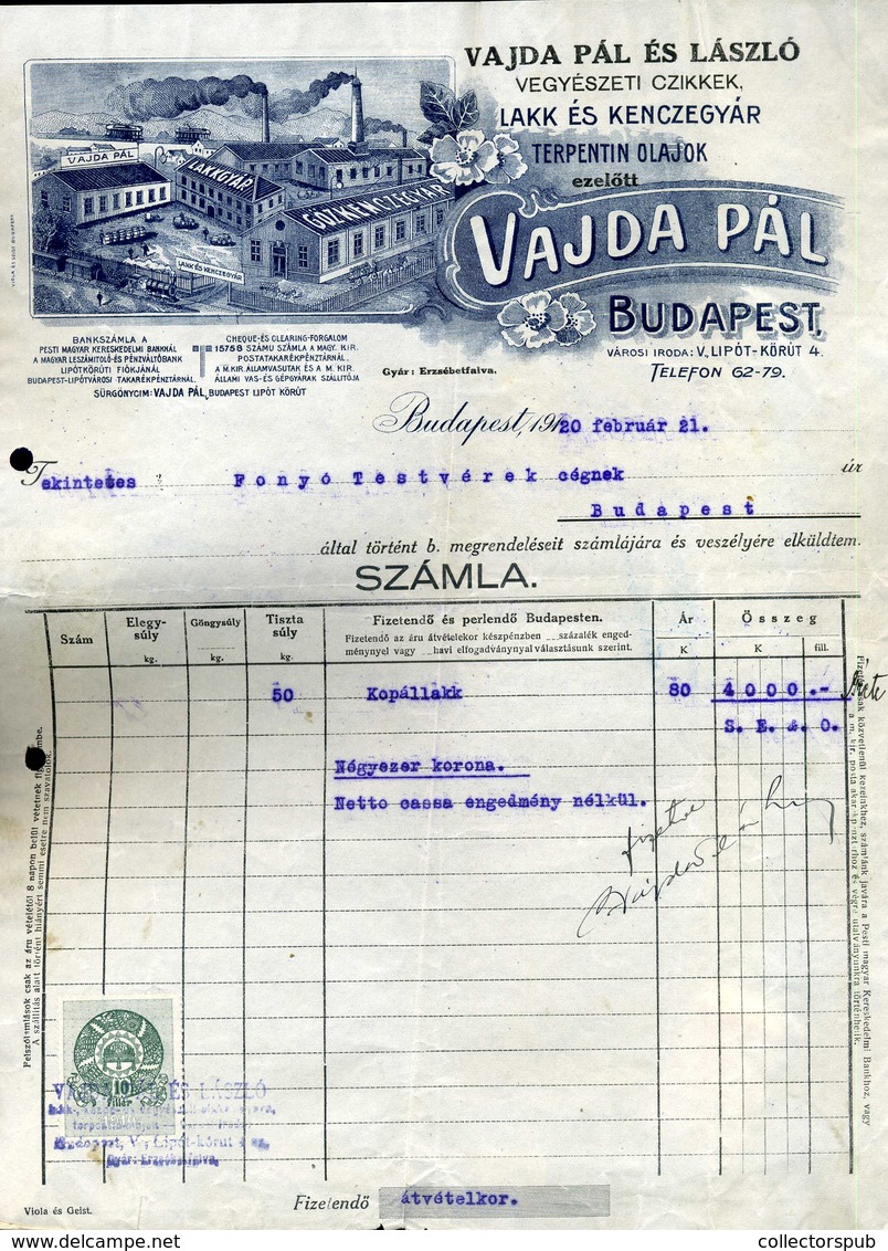 VAJDA Pál Vegyészeti Cikkek, Fejléces, Céges Számla 1920 /  Chemical Wares Letterhead Corp. Bill - Ohne Zuordnung