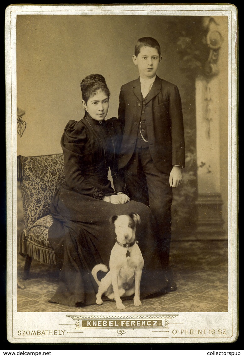 SZOMBATHELY 1890. Ca. Knebel : Család, Kutyával, Cabinet Fotó  /  Family With Dog, Cabinet Photo - Sonstige & Ohne Zuordnung