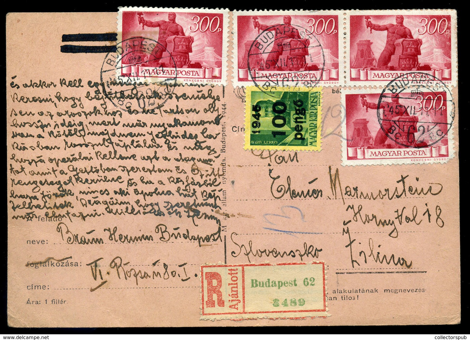 BUDAPEST 1945.12.Ajánlott Infla Levlap Csehszlovákiába Küldve / 029 Period5 To Czechoslovakia Registered Postcard 4x300P - Briefe U. Dokumente