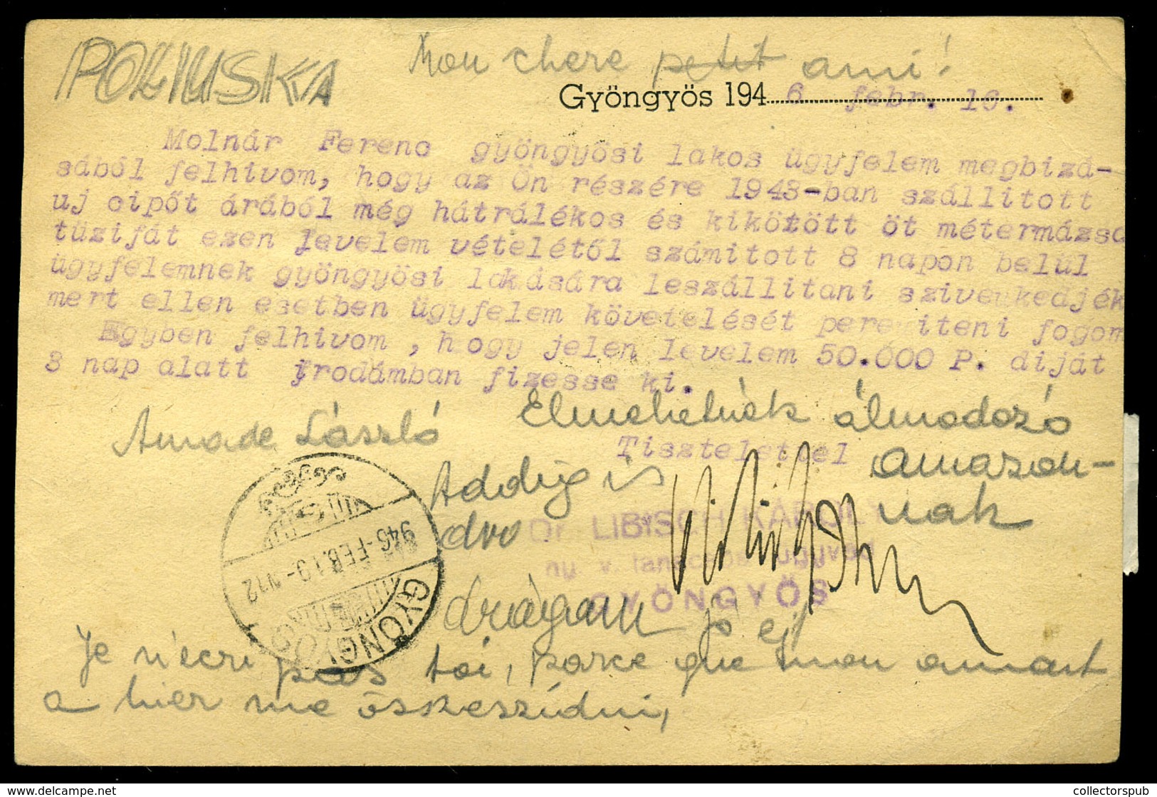 GYÖNGYÖS 1946.02. Ajánlott Gyöngyösorosziból Visszaküldött Levlap, Postaügynökségi Bélyegzéssel / Period7 Domestic Regis - Briefe U. Dokumente
