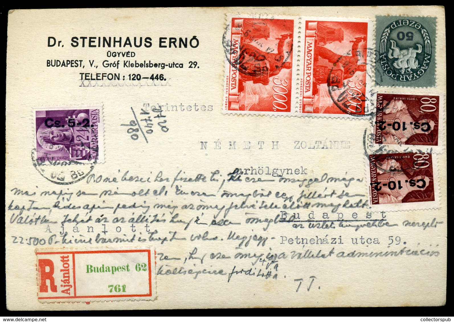 BUDAPEST 1946.03. Dekoratív, Helyi Ajánlott Infla Levlap / Period9 Local Registered Postcard 6 Stamps Budapest - Briefe U. Dokumente