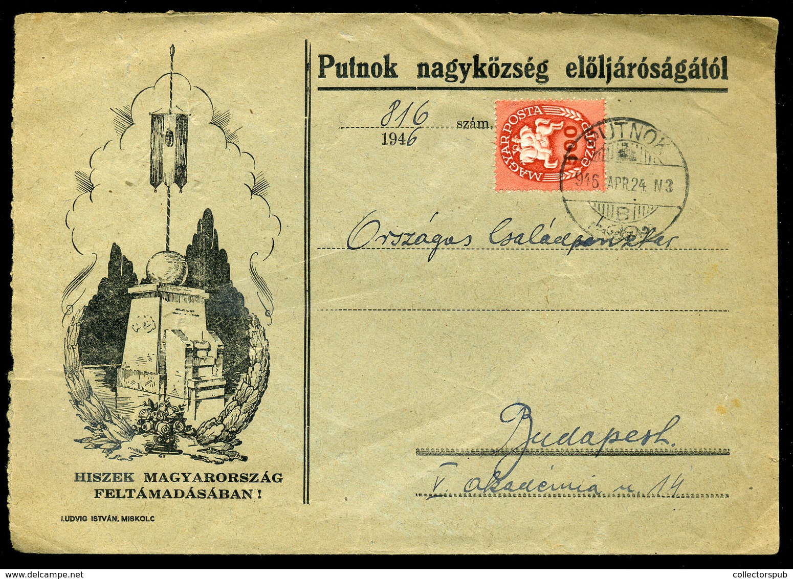 PUTNOK  1946.04. Irredenta Boríték Egybélyeges Lovasfutár Bérmentesítéssel Budapestre  /  Irredenta Cov. Single Stamp Di - Briefe U. Dokumente